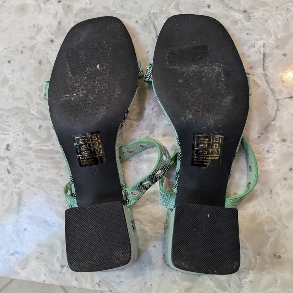 Caverley Slip-On Mule Sandal Green Leather Slide Double Straps Block Heel 37 7